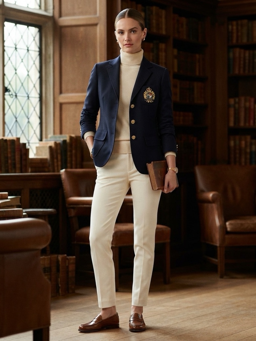 Lauren Ralph Lauren Navy Blue Crest Blazer 4 Gold Button Cotton Stretch Luxury